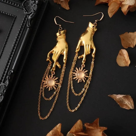 Gothic Hip Hop Gold Color Hands Sun Micro-inlay Gemstone Metal Chain Tassels Dangle Earrings for Women Halloween Party Jewelry