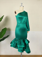 Vintage Green Dresses One Shoulder Long Sleeve Folds Irregular Trumpet Satin Dress Elegant Women Shiny Party Event Gowns 4XL