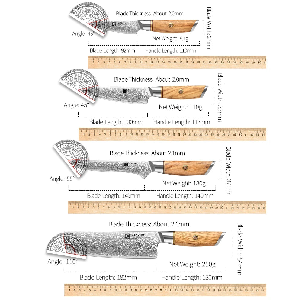 1-8pcs Kitchen Knife Set 73 Layers Custom Damascus Steel 15°±1 Per Side Steel Blade