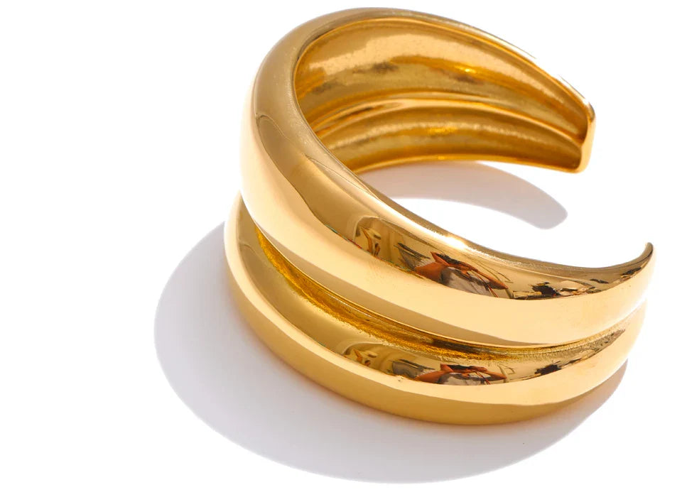 Yhpup 18K Golden PVD Plated Stainless Steel Double Layer Cuff Statement Bracelet Bangle Smooth Metal Texture Attractive Jewelry