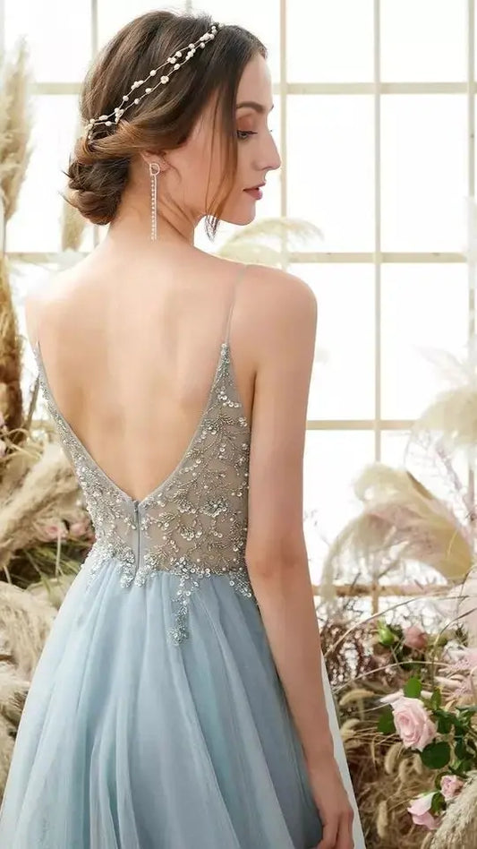 Evening Dresses with Slit Gorgeous Crystal Beads V Neck Spaghetti Straps