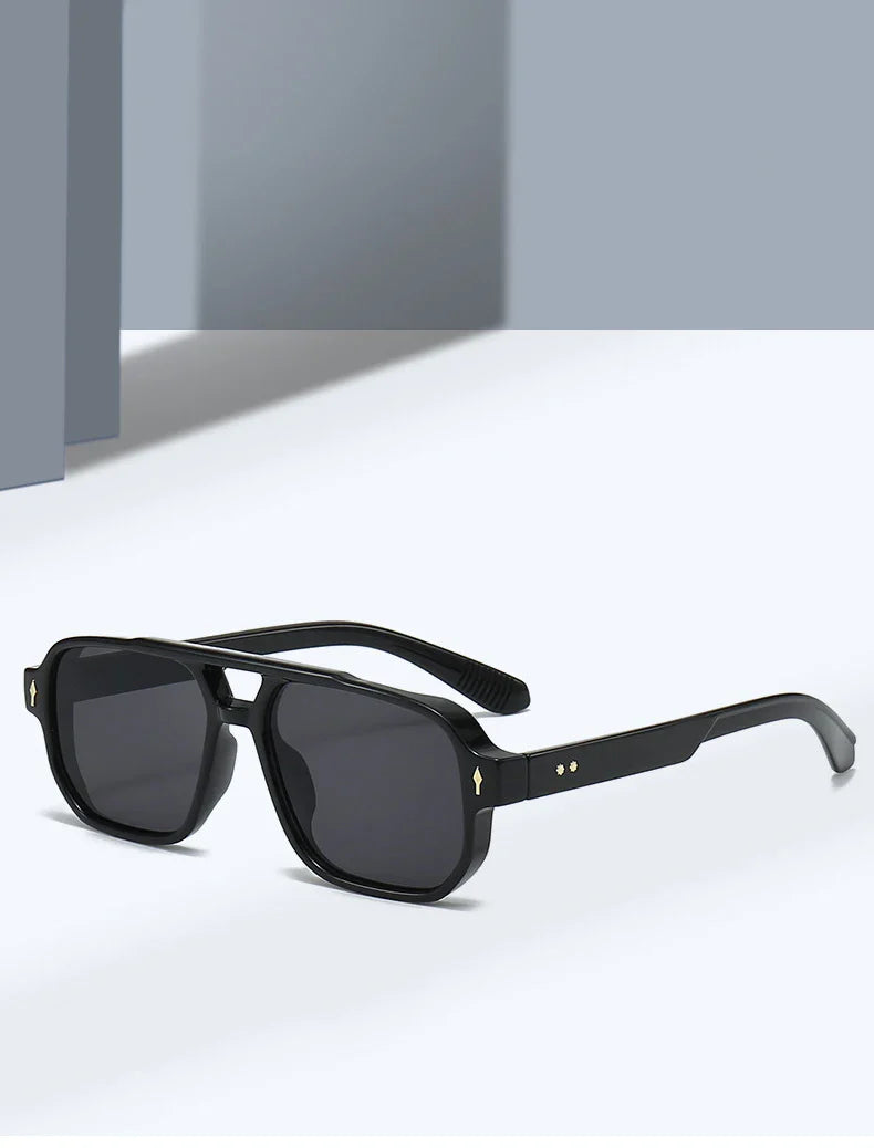 SO&EI Vintage Double Bridges Men Square Sunglasses Fashion Clear Ocean Lens Eyewear Women Trending Rivets Sun Glasses UV400
