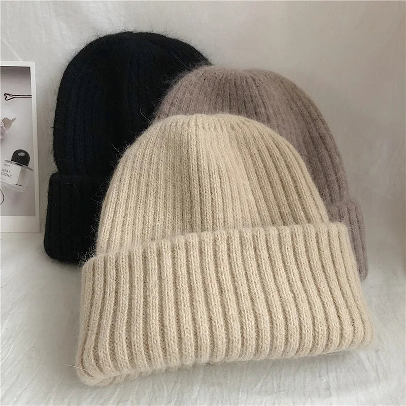 Winter Dome Brimless Casual Hat Warm Rabbit Fur Knit Hat women's double-layer Thick Wool Hat Casual Hat Toe Cap Cold Hat 4m868