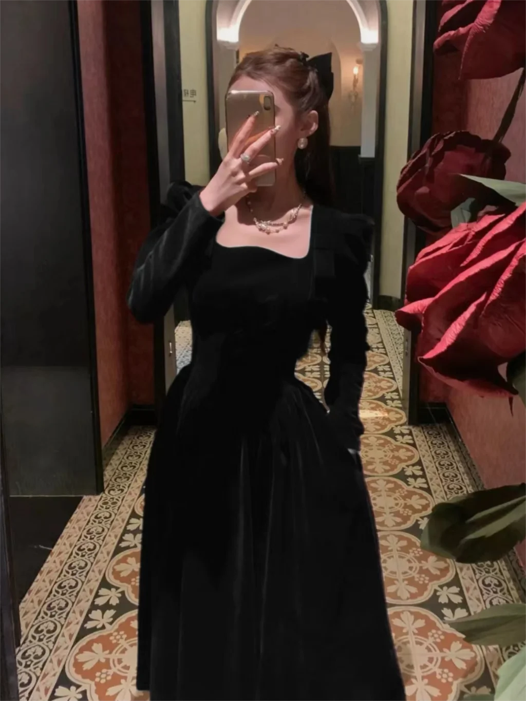 Formal attire Dresses: Vintage Christmas Red Velvet Dress Square Collar Evening Party