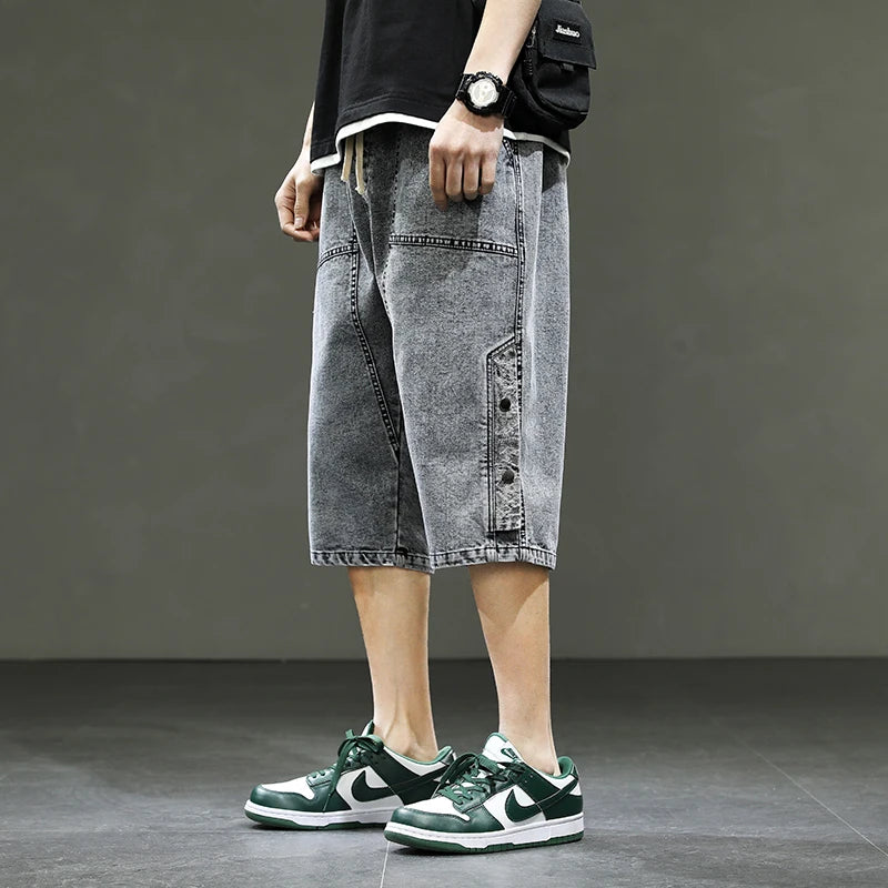 Korean Style Summer Men's Black Wide Leg Denim Shorts New Fashion Casual Baggy Short Jeans Male Plus Size 6XL 8XL YBR602