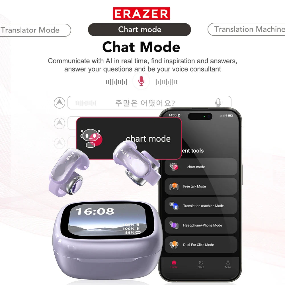 Translator ERAZER XF28 Bluetooth V6.0 Open-ear True Wireless EarbudsTranslation Earphones Office Travel,ASMR Headset APP