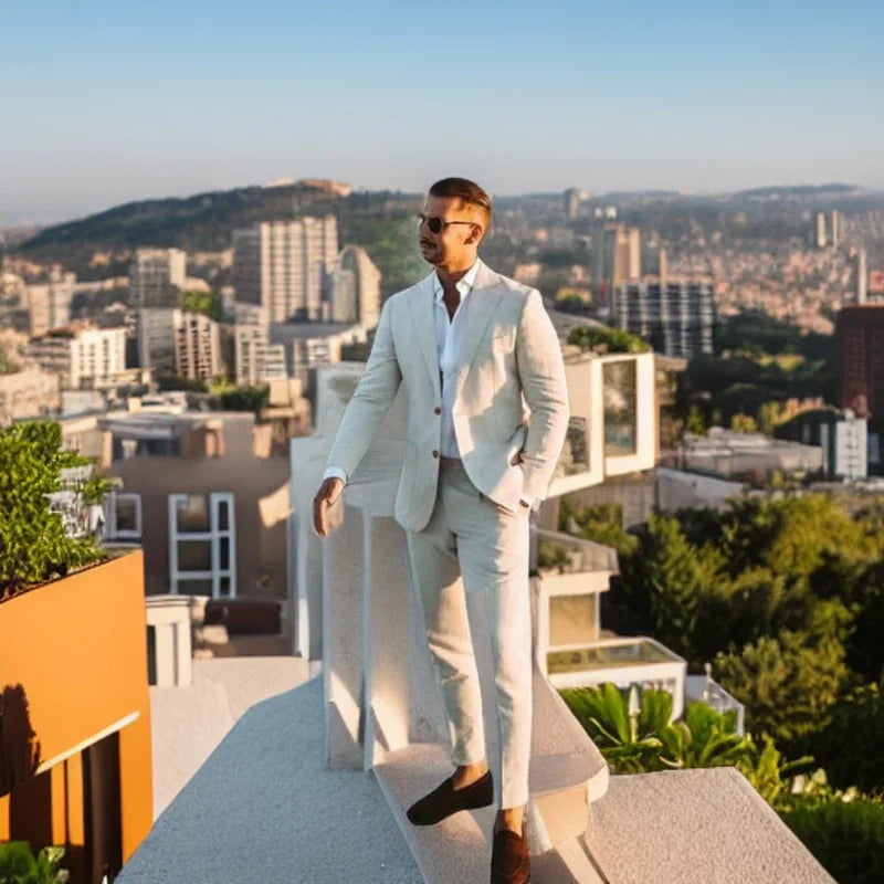 Tuxedo for Mens: Linen Men's Wedding Suits Beach Slim Fit Notched Lapel Groom Tuxedo