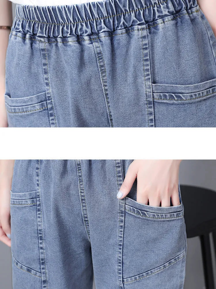Vintage High Waist Ankle-length Blue Jeans Harem Elastic Denim Pants