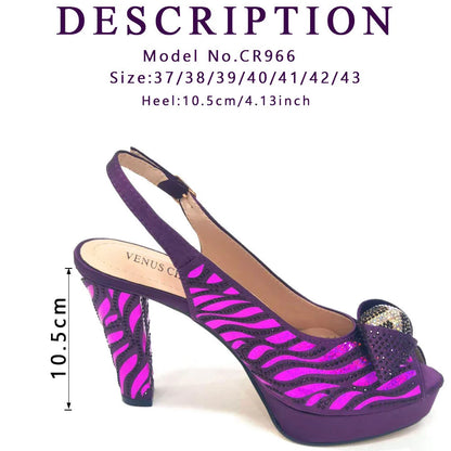 Hot Selling High Quality Comfortable Heels Ladies Mature Style Shoes Matching Bag Set in Purple Color For Party