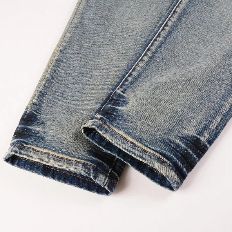 Men's Cracked Patch Biker Jeans Streetwear Pleated Patchwork Stretch Denim Pants