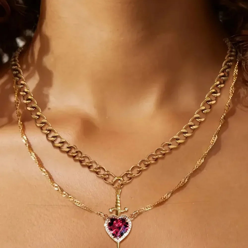 Couple Necklace Heart and Sword Pendant Necklace for Women Gothic Punk Romantic Valentine Day Jewelry Gifts Accessories