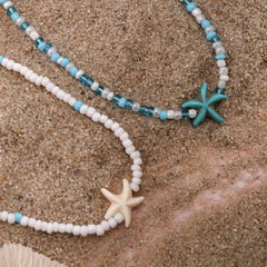 Layered Small Seed Beads Chains with Starfish Turtle Choker Necklace for Women