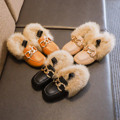 Autumn Winter Girls Shoes Warm Cotton Plush Fluffy Fur Kids Loafers