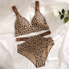 Women Leopard Print V-neck Bra Briefs Set Seamless Underwear