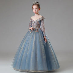 Child Girls Evening Long Dress for Wedding Party Formal Ball Gown