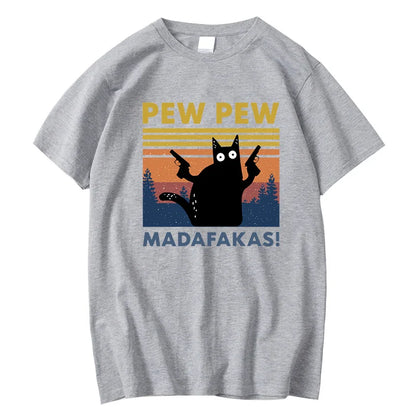 Pew Pew Madafakas Tshirt Men Short Sleeve Novelty Funny Cat T Shirt Cotton Loose Tops Shirts Tee T-Shirt Crew Neck Streetwear