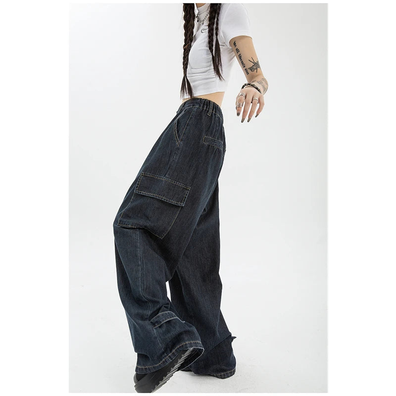 Women's Blue Vintage Wide Leg Jeans Fashion Baggy High Waist Straight Pants