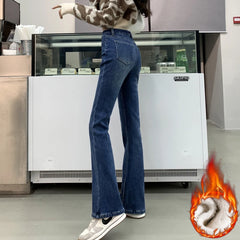 Winter Warm Women's Jeans Fashion Slim Thicken Fleece Flared Pants