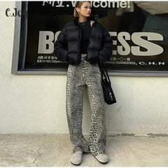 Vintage Fashion Leopard Jeans Women Y2k High Waist Loose Wide-leg Pants Female