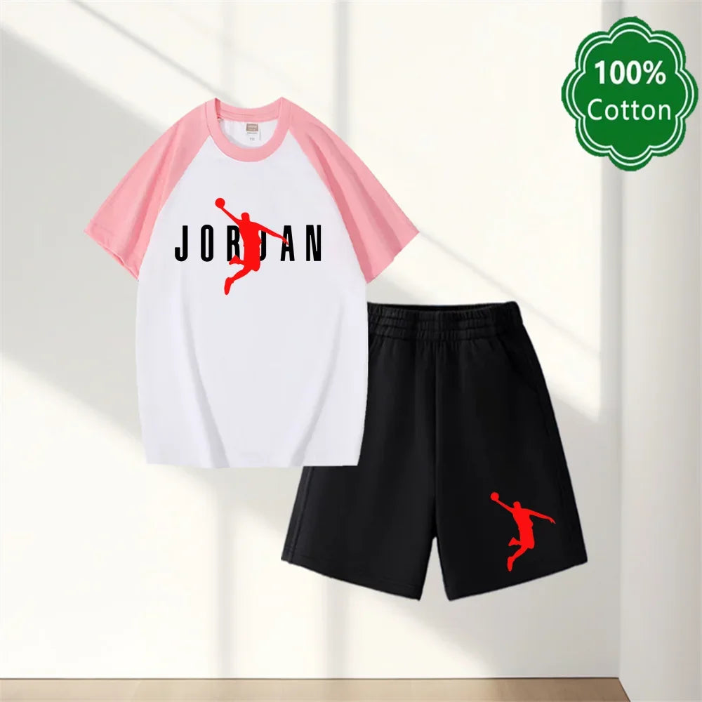 Summer New 3-14 Years Old Top Design Classic Set 100% Cotton Jordan Print T-shirt Casual Shorts Harajuku Boys/girls Gift