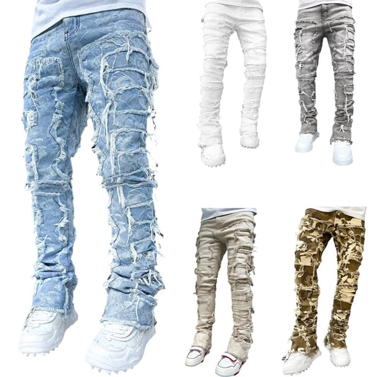 Mens Stacked Jeans Fit Ripped Jeans Destroyed Straight Denims Pants Vintage