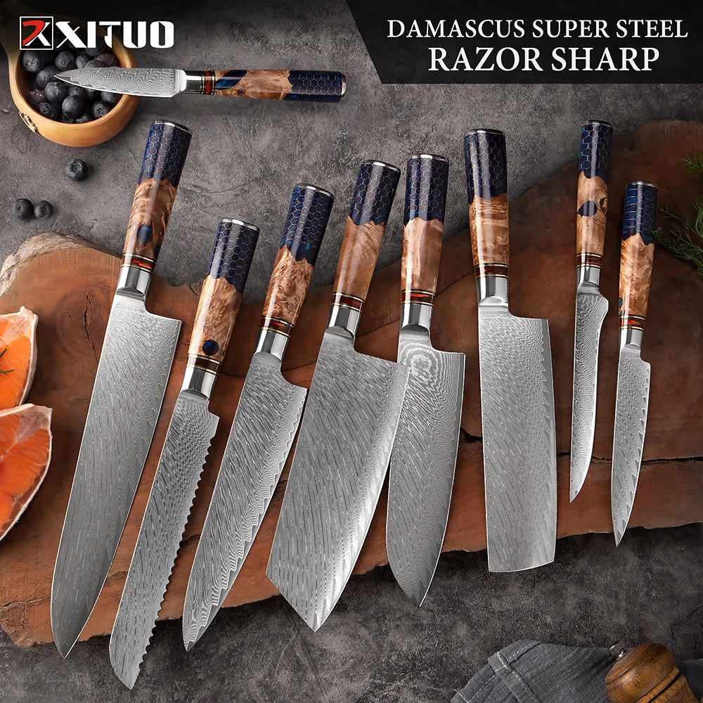 1-9 Piece Kitchen Knives Set Damascus Steel Chef Knife Sharp Cut Vegetables