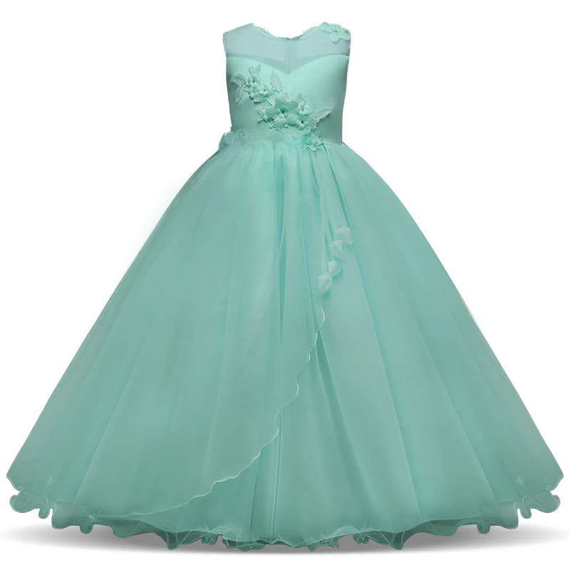 Girls Sleeveless Crew Neck Long Dress Flower Mesh Princess Skirt Piano Performance Dress For girls aged 4-14