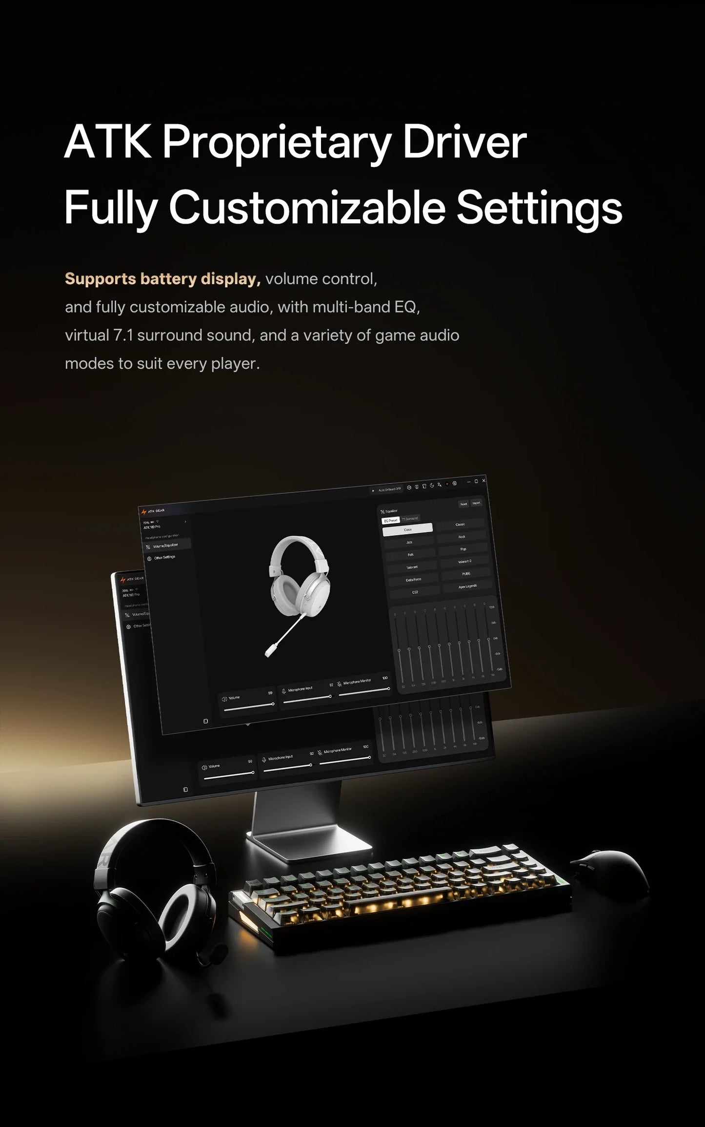 ATK M1 Game Headset Three Mode Wireless Headworn PS5  PC Gaming Headset Microphone Virtual 7.1 Surround Noise Reduction Headset