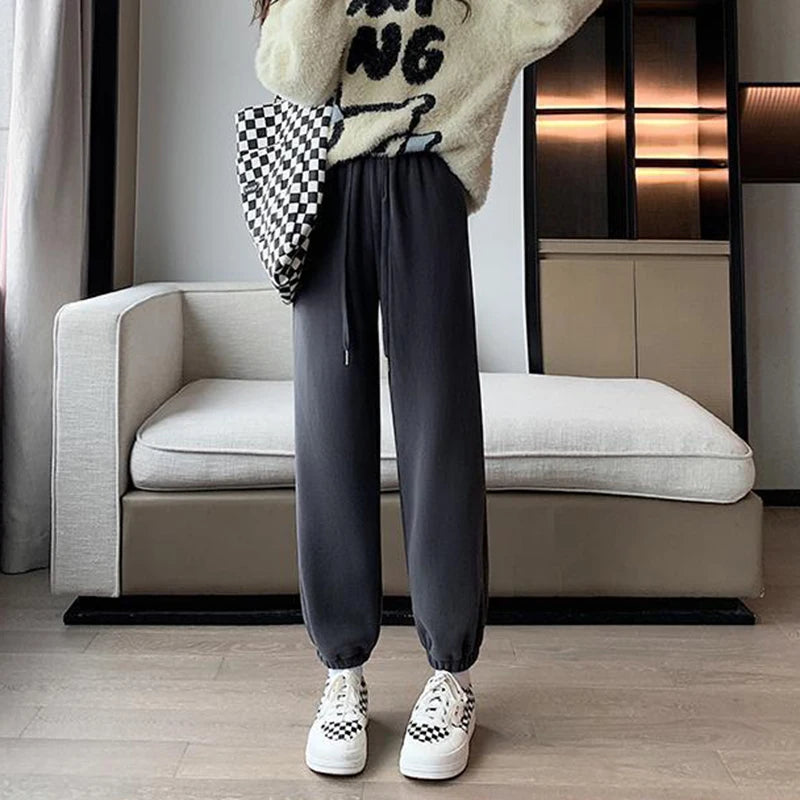 thick warm pants women vintage pink plush casual high waist sweatpants