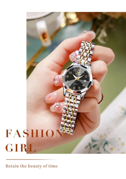 OLEVS 9970 Original Luxury Quartz Watch for Women Rhombus Mirror Digital Dial Calendar Stainless Steel Waterproof Wrist Watches