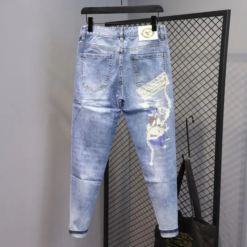 Tapered Graphic Jeans for Men with Print Hip Hop Motorcycle Mens Cowboy Pants