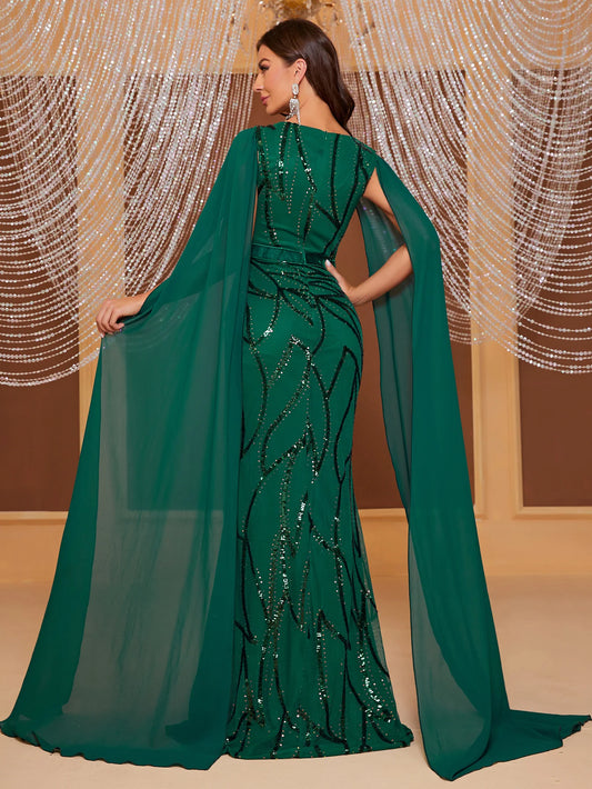 Evening wear Dresses: Women's Contrast Sequin Cloak Sleeve Belted Formal Dress