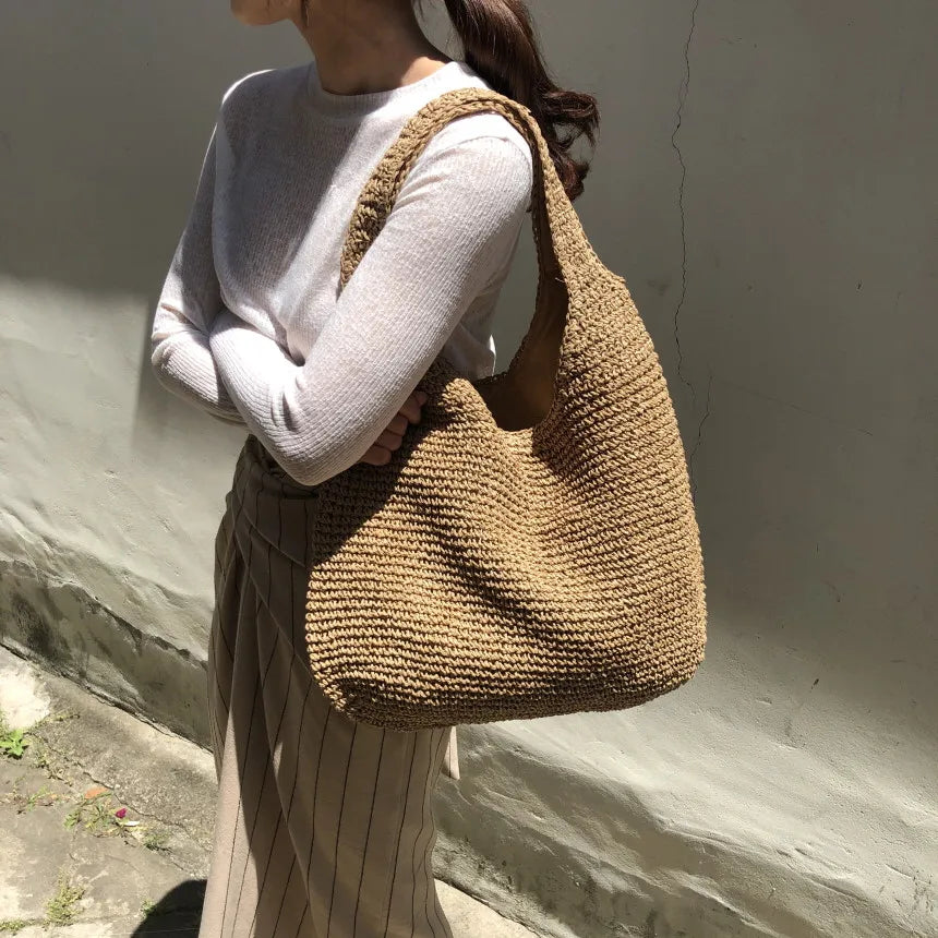 Rattan Women Shoulder Bags Wicker Woven Female Handbags Large