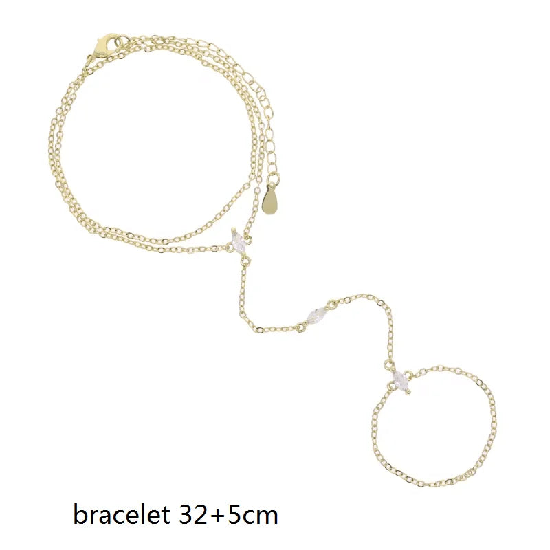 Geometric 3 Pcs Marquise Cubic Zirconia CZ Double Wrist Hand Chain Bracelet Simple Fashion Women Jewelry