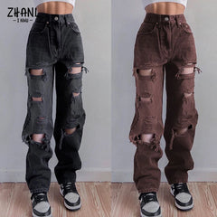 Brown Women Straight Pants Vintage Black Ripped Jeans Fashion Streetwear Hole Hip Hop