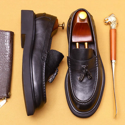 Soft Leather Elegant Mens Dress Loafers Shoes Platform Luxury Genuine Leather  Summer New Black Wedding Social Formal Shoes Man
