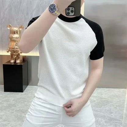 Summer Korean Short-sleeved Casual T-shirt Men New Fashion Contrasting Color Slim Rotator Sleeves Breathable Round Neck Knitted