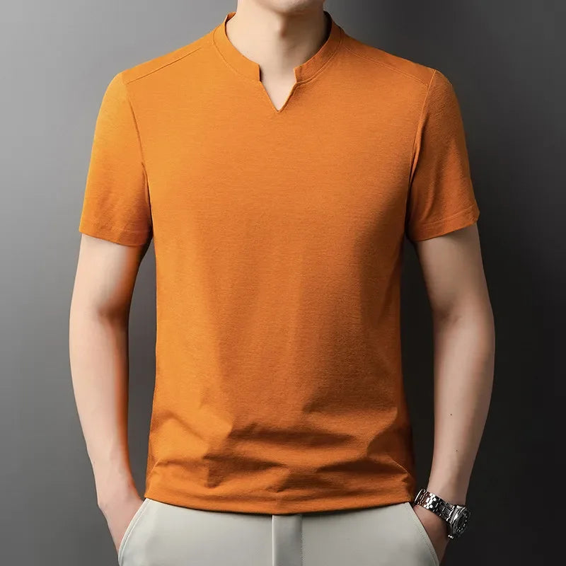 Korean Men's Casual and Fashionable Small V-neck Solid Color Short Sleeved T-shirt Comfortable Summer Versatile Top