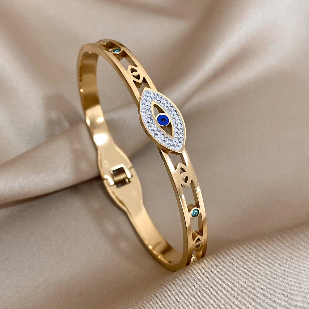 Evil Eye Bracelet Exquisite Stainless Steel Hollow Evil Eye Decorative Charm Bracelet Bangles with Rhinestones