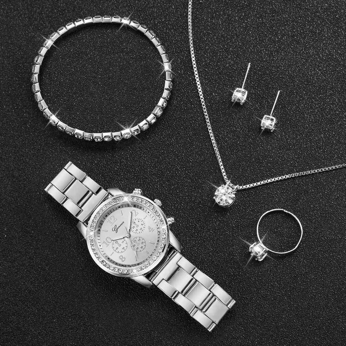 6PCS/Set Fashion Rhinestone Women Watches Analog Quartz Wrist Watch Jewelry Set Reloj Mujer（Without Box）