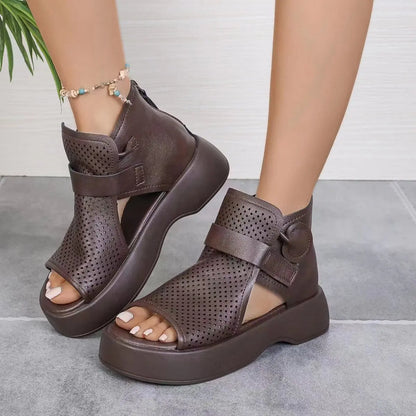 2024 Retro Soft PU Leather Ladies Cool Boots Fashion Women Sandals Summer Fish Mouth Sandals Wedges Mid Heels Shoe Sandalias
