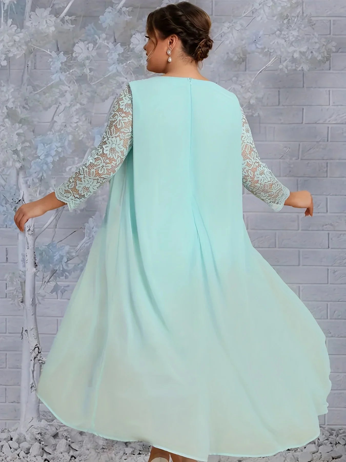 Plus Size Floral Jacquard Long Sleeve Layered Midi Dress, Women's Plus Medium Stretch Party Wedding Dress