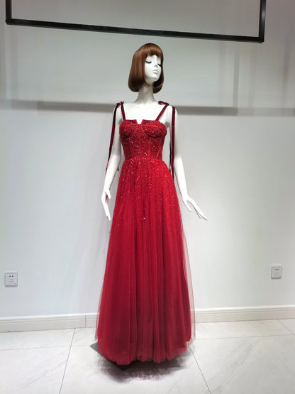Red Luxury Gowns Fashion Ladies Partydress Gallus With Diamond A-Line Formal Sexy Evening Dresses For Women Wedding