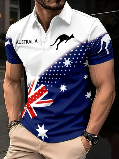 Australian Flag Kangaroo Print Men's Casual and Comfortable Short-Sleeved Polo Shirt