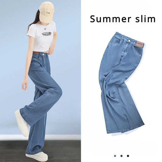 Blue Ice Silk Jeans Women's Thin Straight Pants Micro Speaker Mop Wide Leg Pants