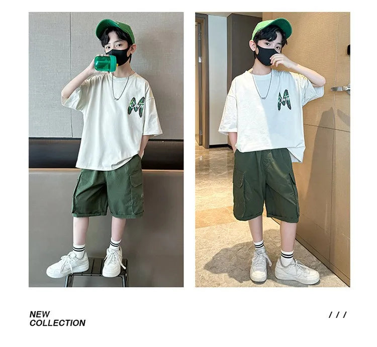New Teen Boys Clothing Set Summer Letter Short Sleeve T-shirt Pants 2Pcs Suit For 5 6 8 10 12 Years Kids Handsome Casual Outfit