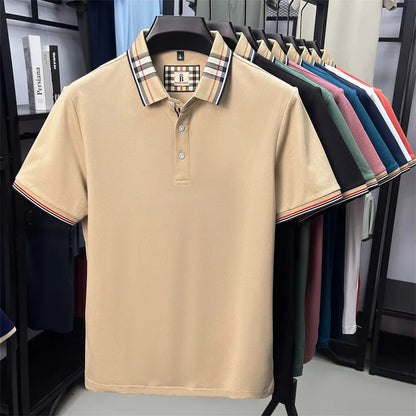 High end silky cotton breathable short sleeve polo shirt men's summer new trend plaid lapel designer brand casual golf T-shirt