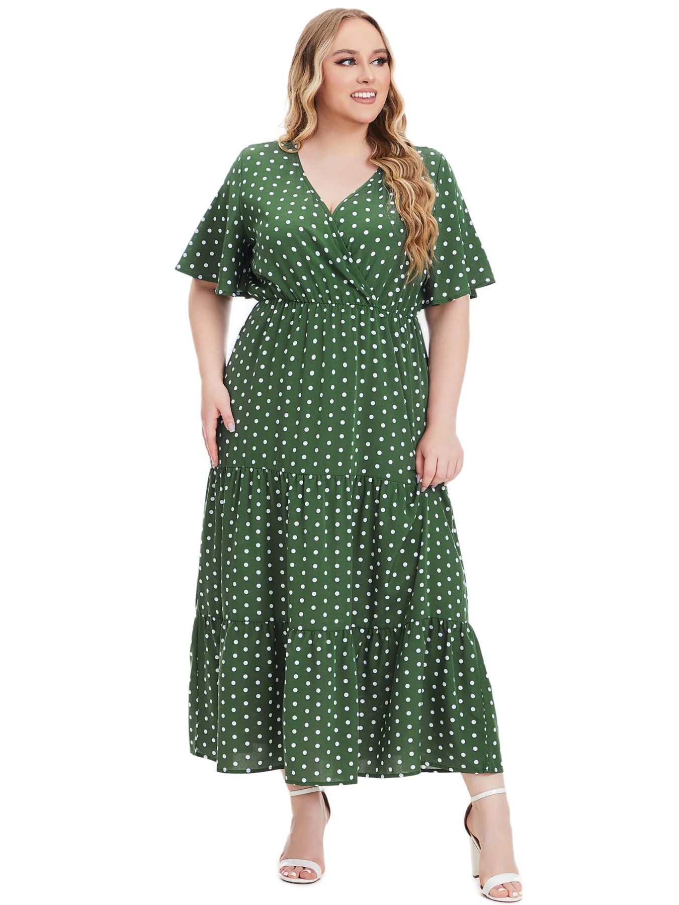 Plus Size Polka Dot Print Surplice Neck Short Sleeve Tee Ruched Bohemian Dresses For Women