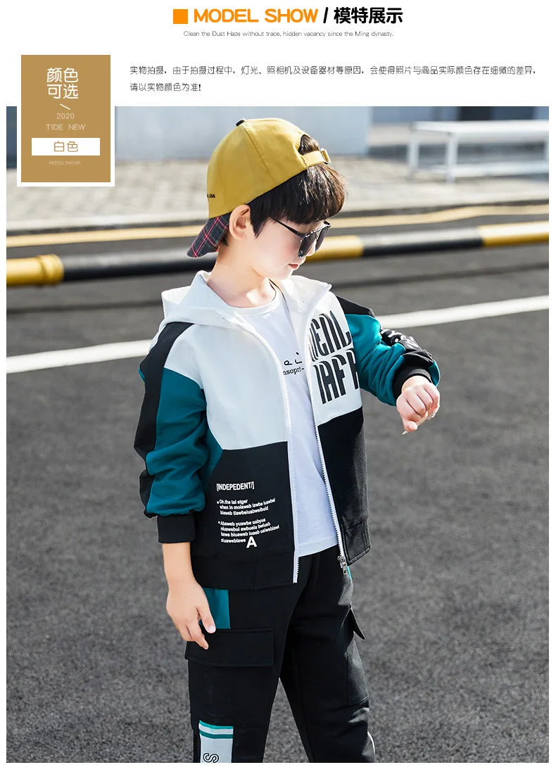 2026 winter spring Tracksuit Clothes Boys Teenager Kids zipper splicing Child set jacket hooded + striped Pant 8 9 10 11 12 year