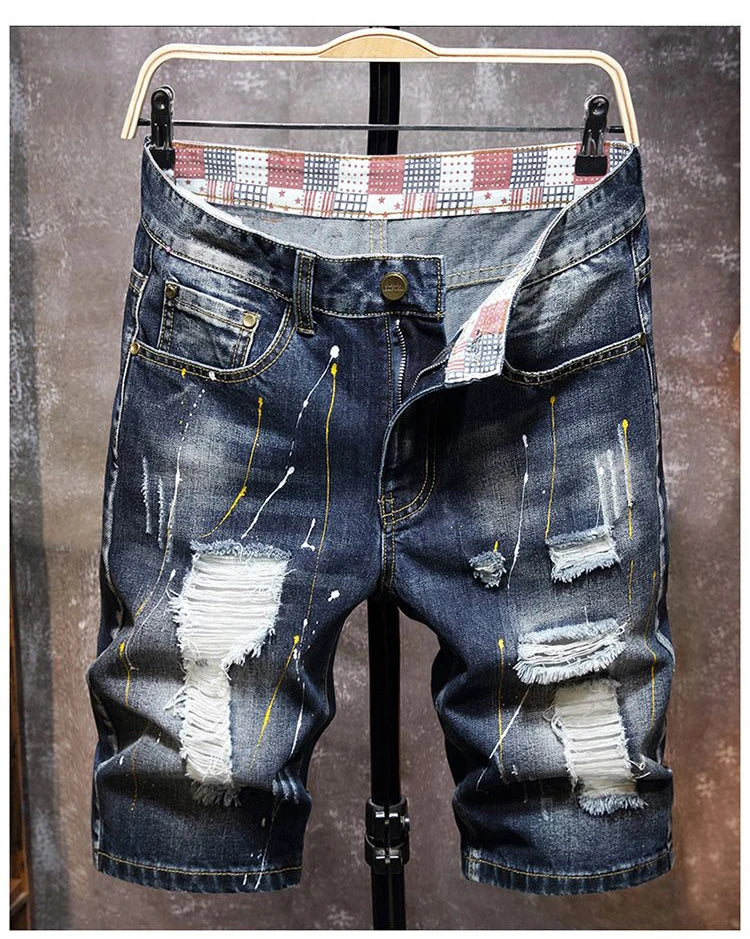 2025 Summer New Fashion Men's Graffiti Ripped Short Jeans Casual Slim Big Hole Retro Style Denim Shorts Male Brand Clothes